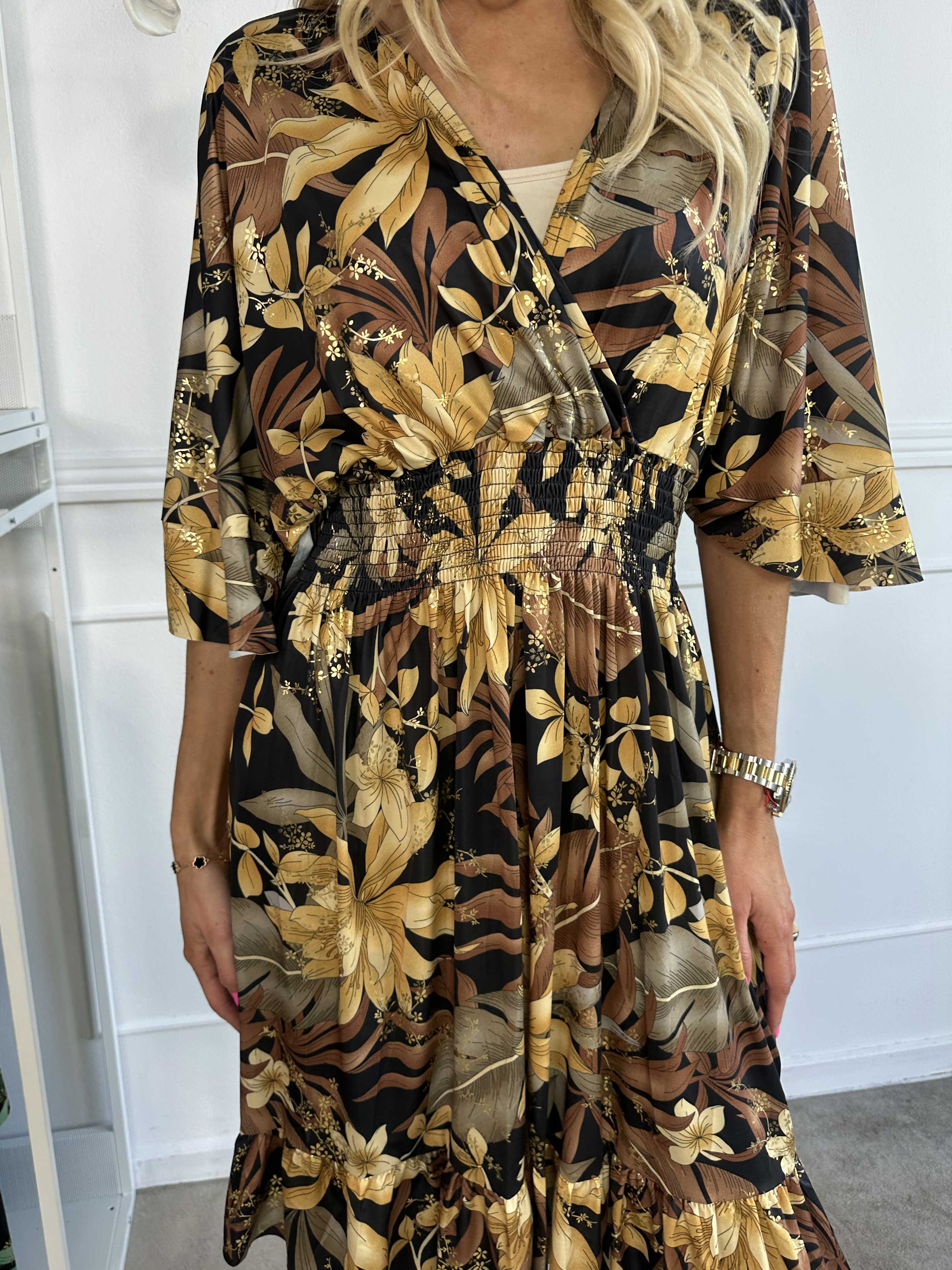 Pamela Gold Flower Short - Elastisk kjole med smock og flæser